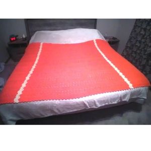 Large Crochet Afghan Blanket  53"x 93" Coral & Cream W/Scallop Borders